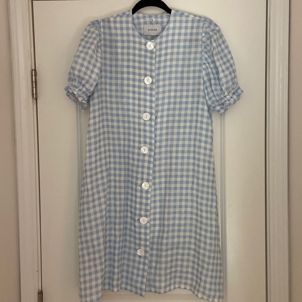 The Sleeper Marie Linen Dress in Blue Vichy - Blue Gingham Bib Collar Dress